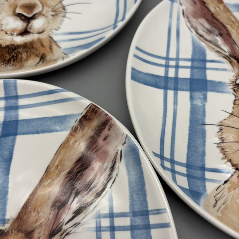 HENRY BUNNY Set of 3 Salad Plates 8.75" Pier 1 Imports Blue Plaid Easter Spring - Picture 3 of 8